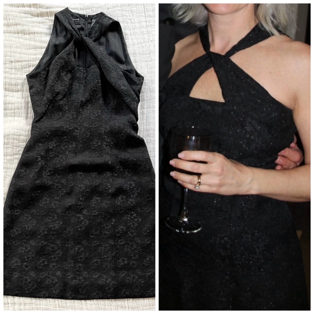 Liz Claiborne Black Floral Jacquard Cross-Neck Cocktail Dress (2 petite)